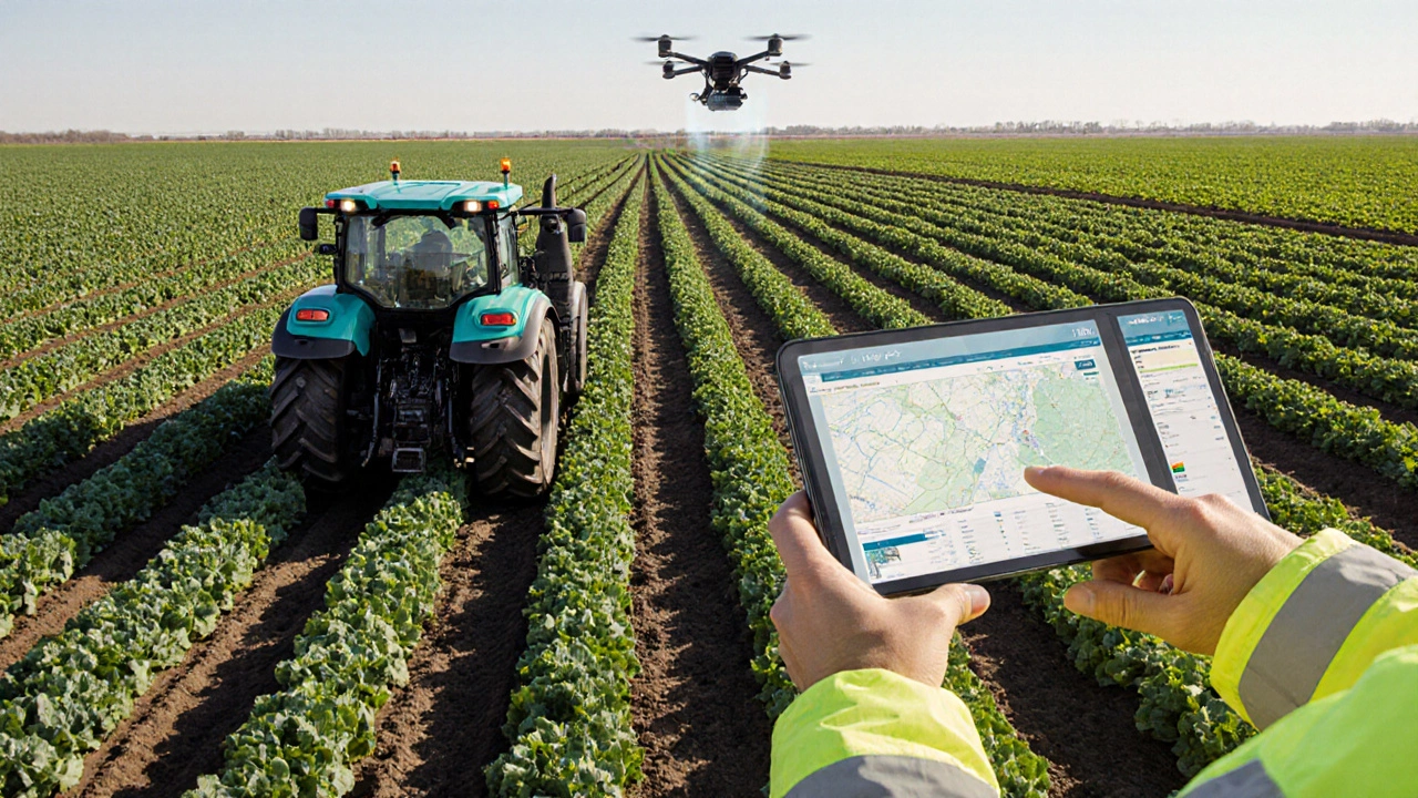 Autonomous tractor and drone working in vegetable patch while farmer uses tablet.