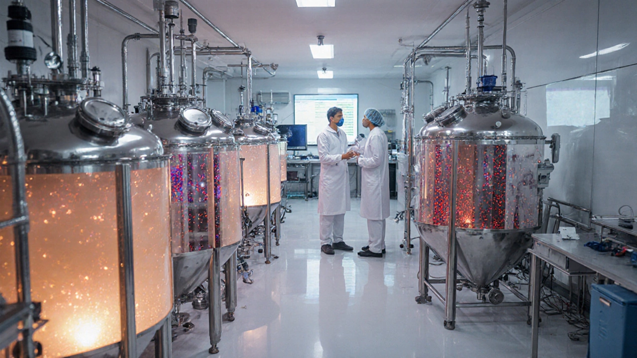 Bioreactors in a pharmaceutical facility producing personalized cancer therapies in Pune, India.