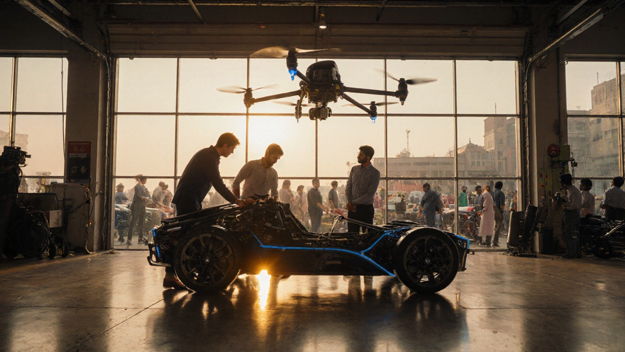 BMW lab with engineers, startup team, and drone prototype under sunset light.
