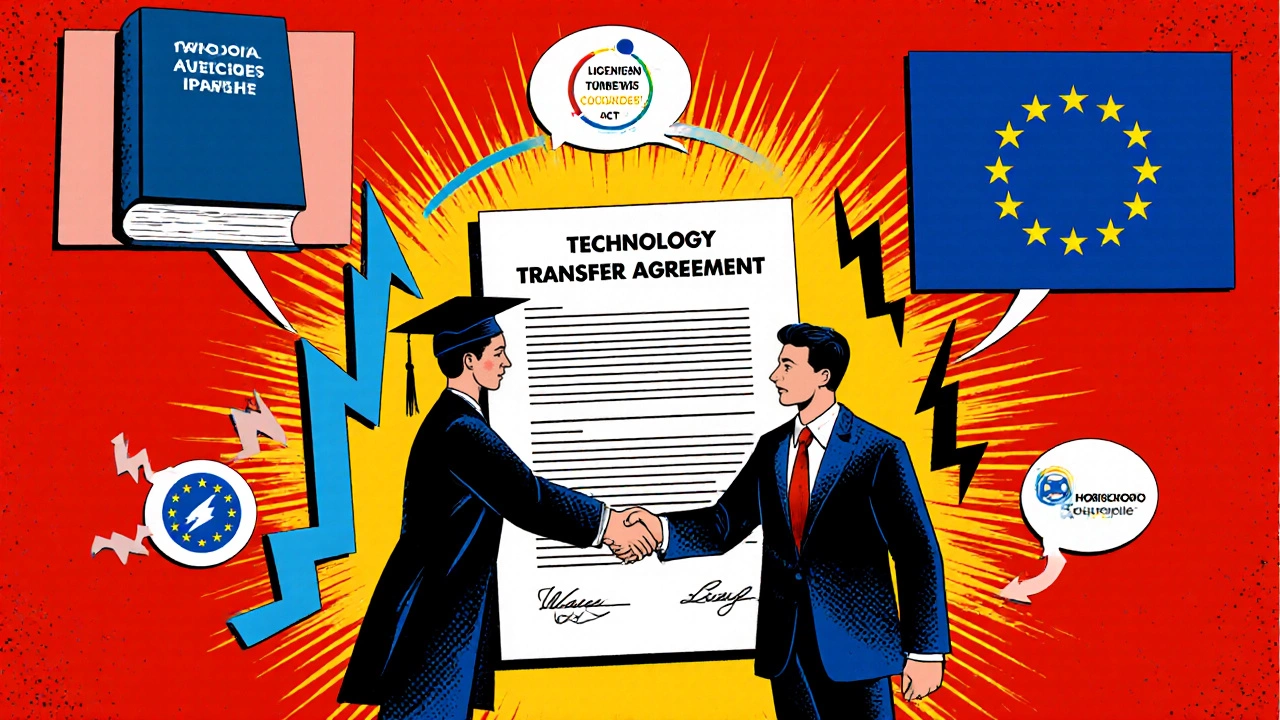 Comic style image of a university and corporate figure signing a tech transfer agreement.