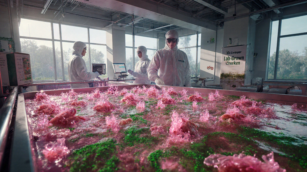 Cultivated chicken growing in a sterile bioreactor facility