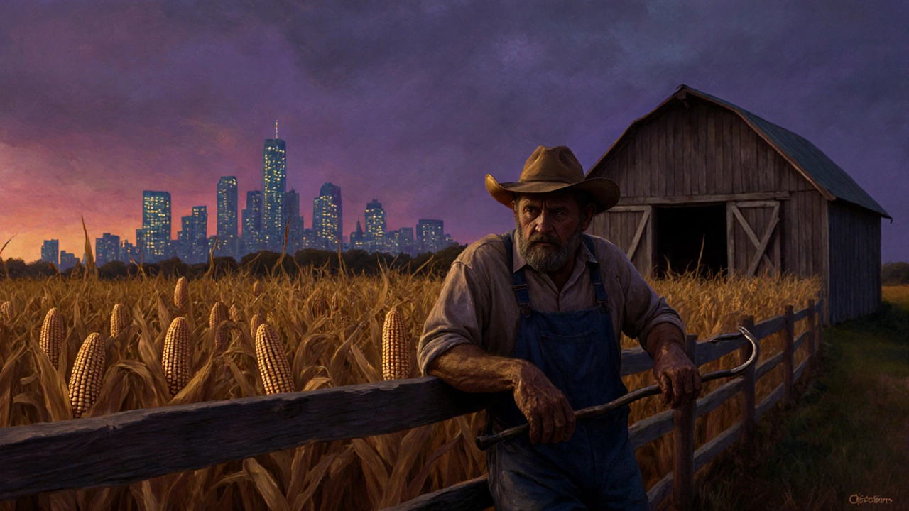 Farmer resting by fence at dusk with glowing corn fields and distant city skyline.