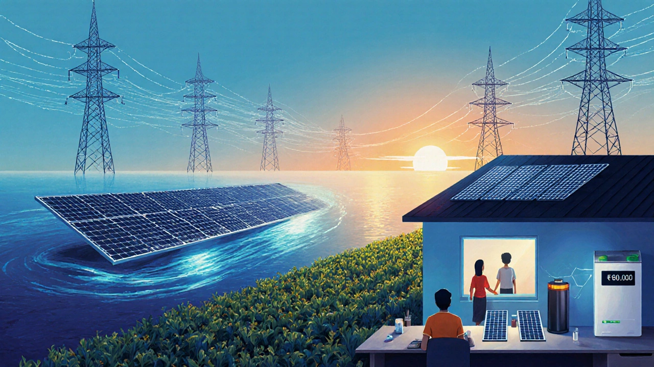 Floating solar panels over a reservoir with crops below, a family using solar-powered home appliances at sunset.