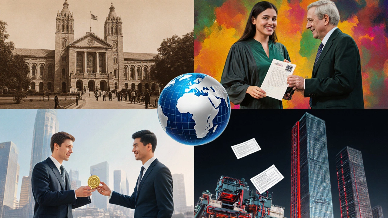 Four global scenes depict US patent law, India's startup incentives, EU research collaboration, and China's tax credits.
