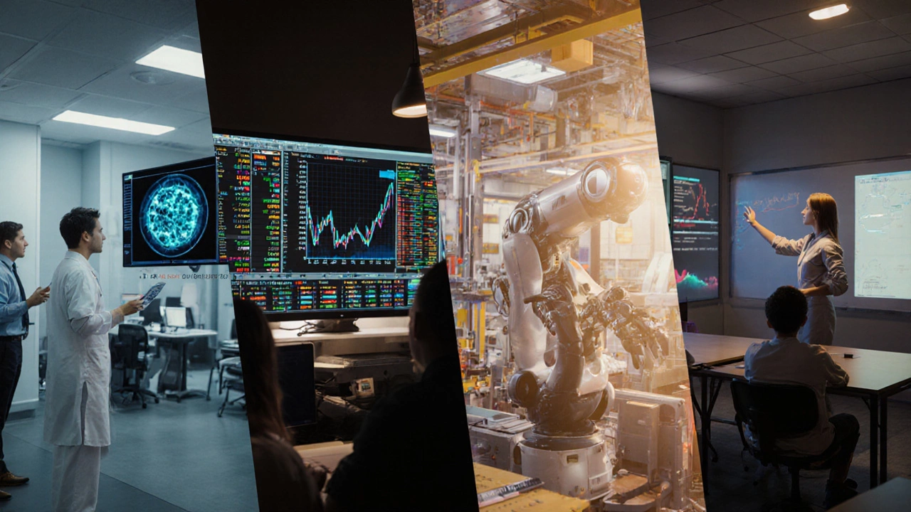 Four scenes showing AI in healthcare, finance, manufacturing, and education.