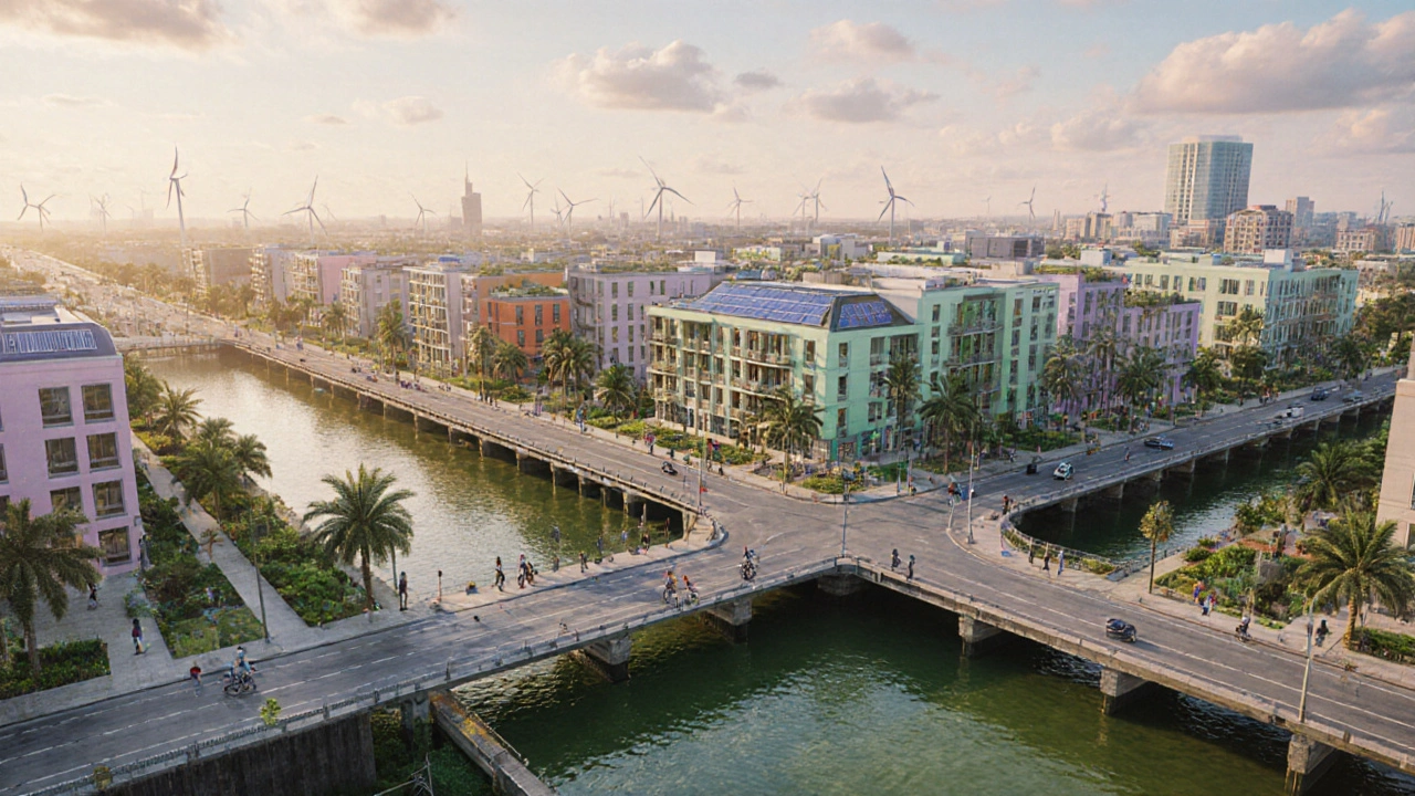 Future‑focused neighborhood with levees, solar panels, affordable homes, and residents enjoying green spaces.