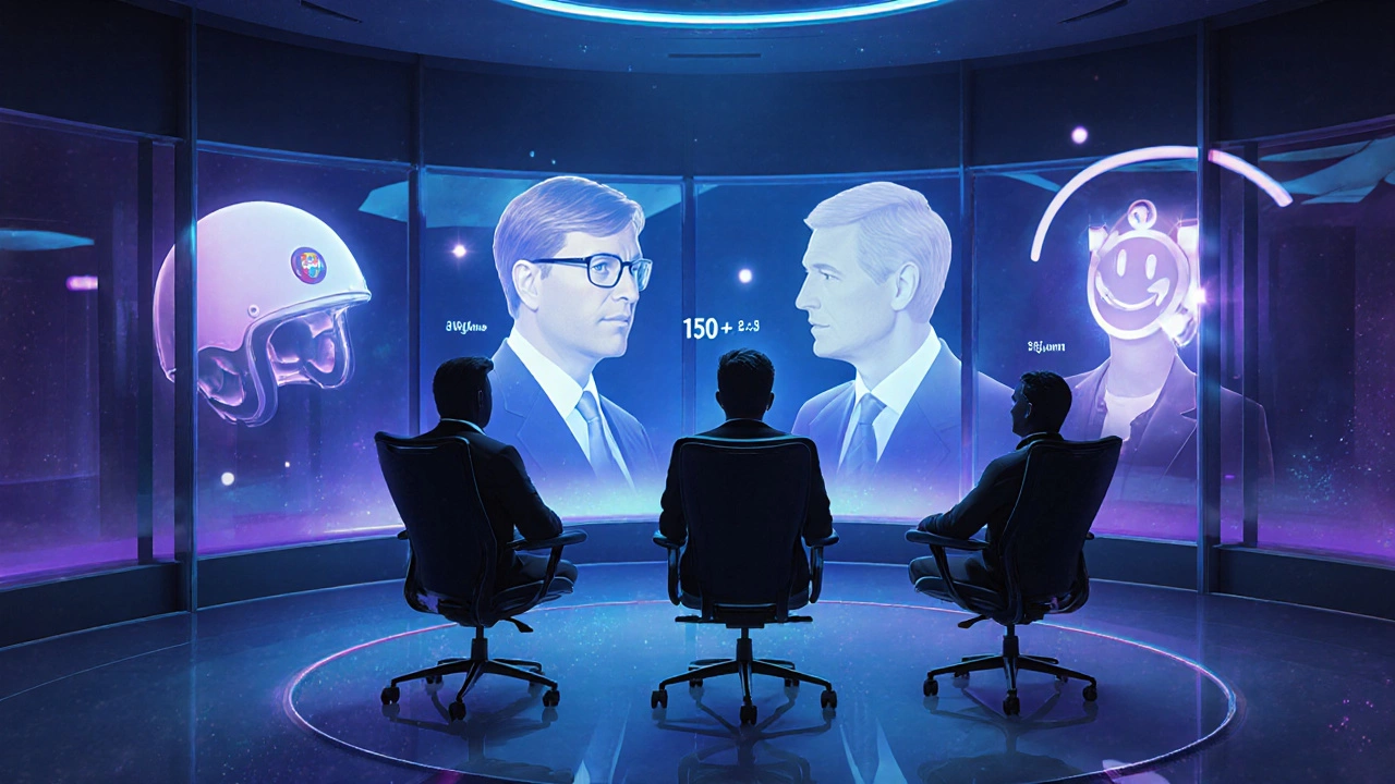Futuristic room with silhouettes of four tech leaders and glowing IQ ranges.