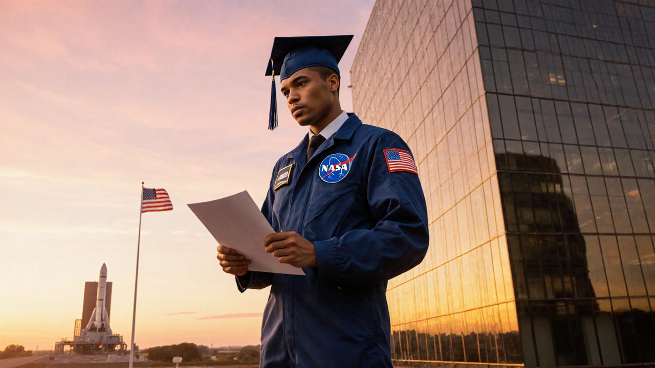 Graduate in NASA jumpsuit holding a resume in front of NASA headquarters at sunrise.