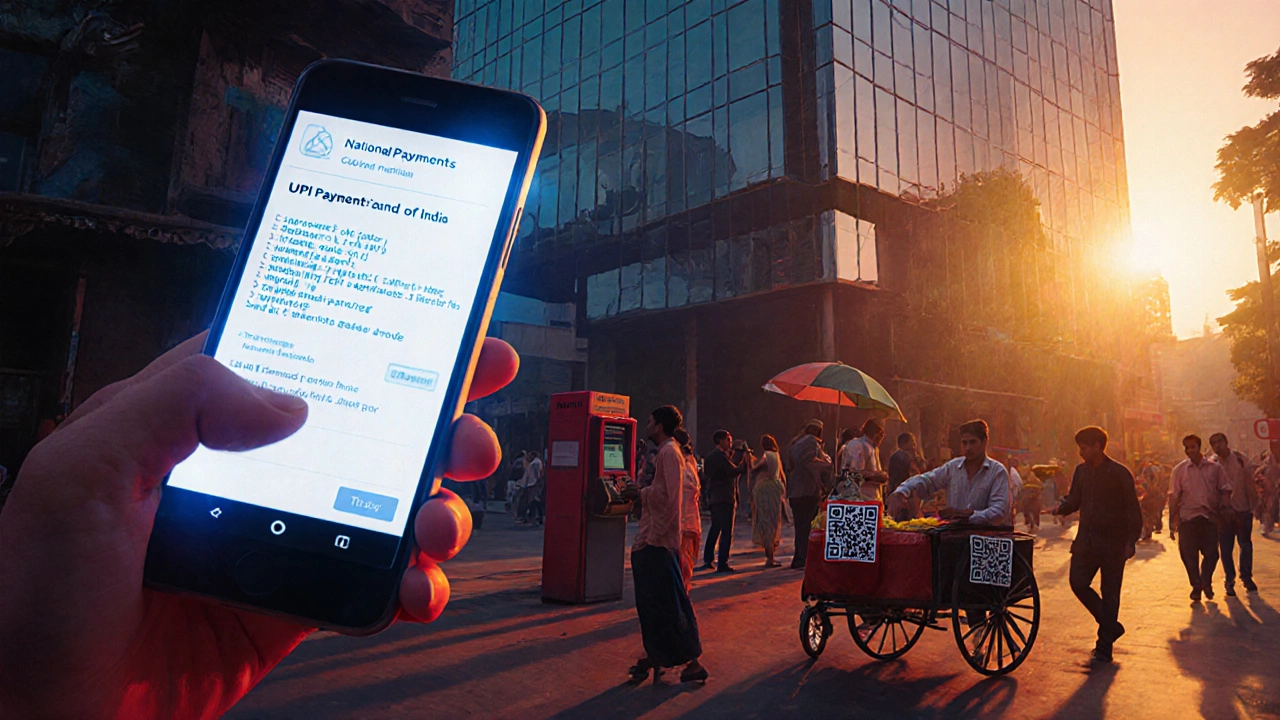 Hand holding a smartphone showing a UPI payment, street vendor scanning QR code, and NPCI building at sunrise.
