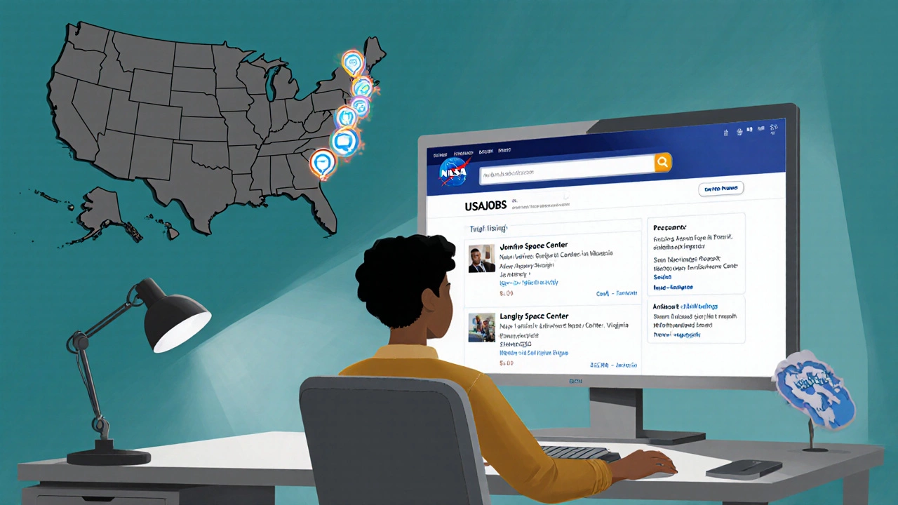 Home office with a computer showing NASA job listings and a map of US NASA centers.