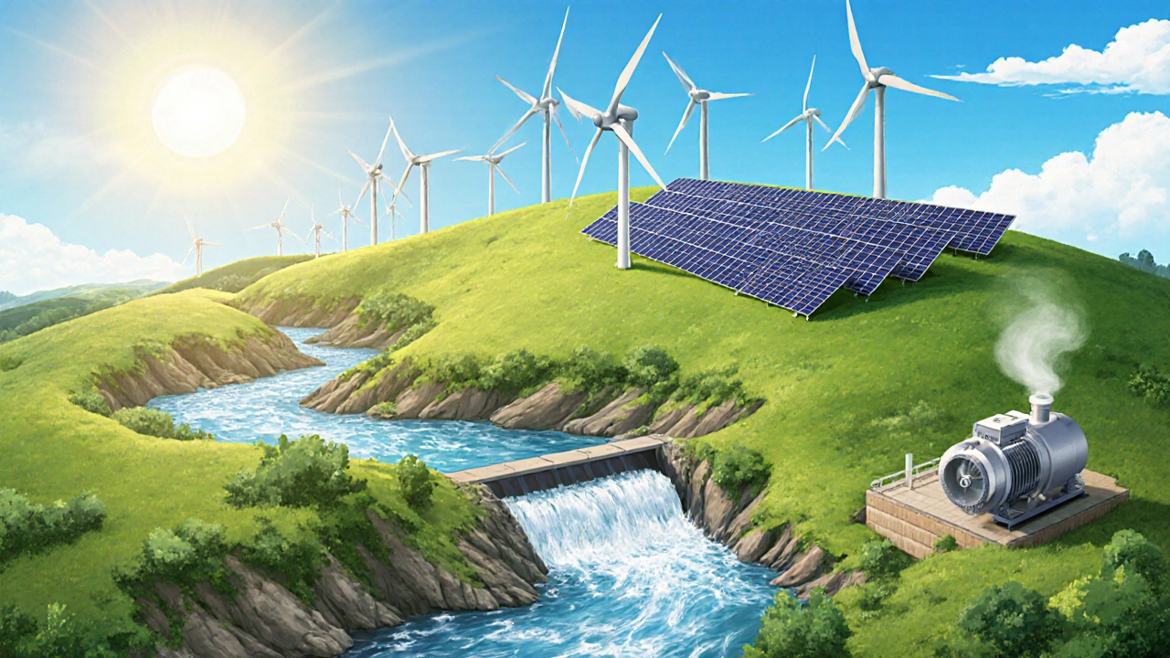 Hybrid renewable site showing solar panels, wind turbines, micro‑hydro, and geothermal pump on a hill.