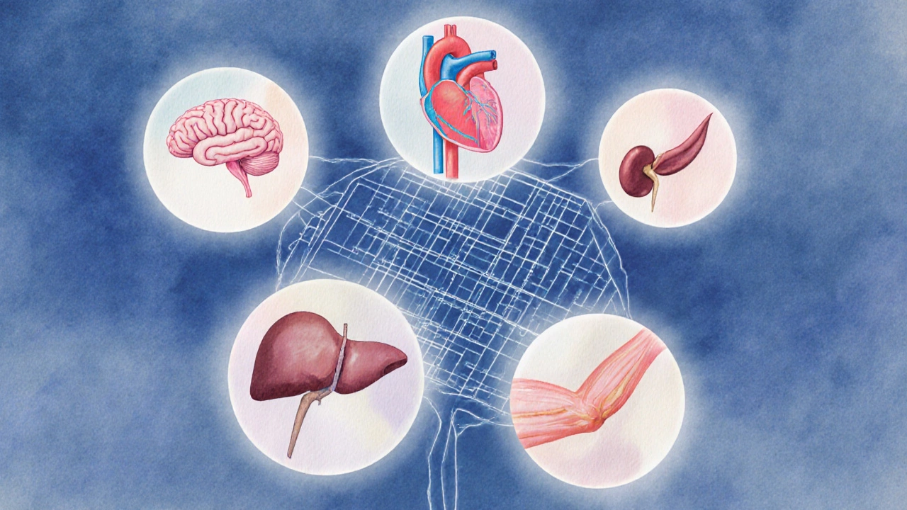 Illustration of brain, heart, liver, kidneys, and muscle with glowing auras indicating energy use.