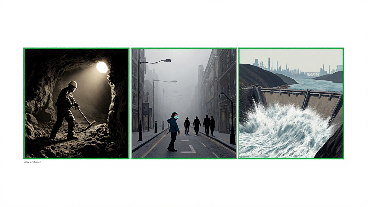 Mining workers underground, city smog, and a bursting dam illustrate fatality categories.