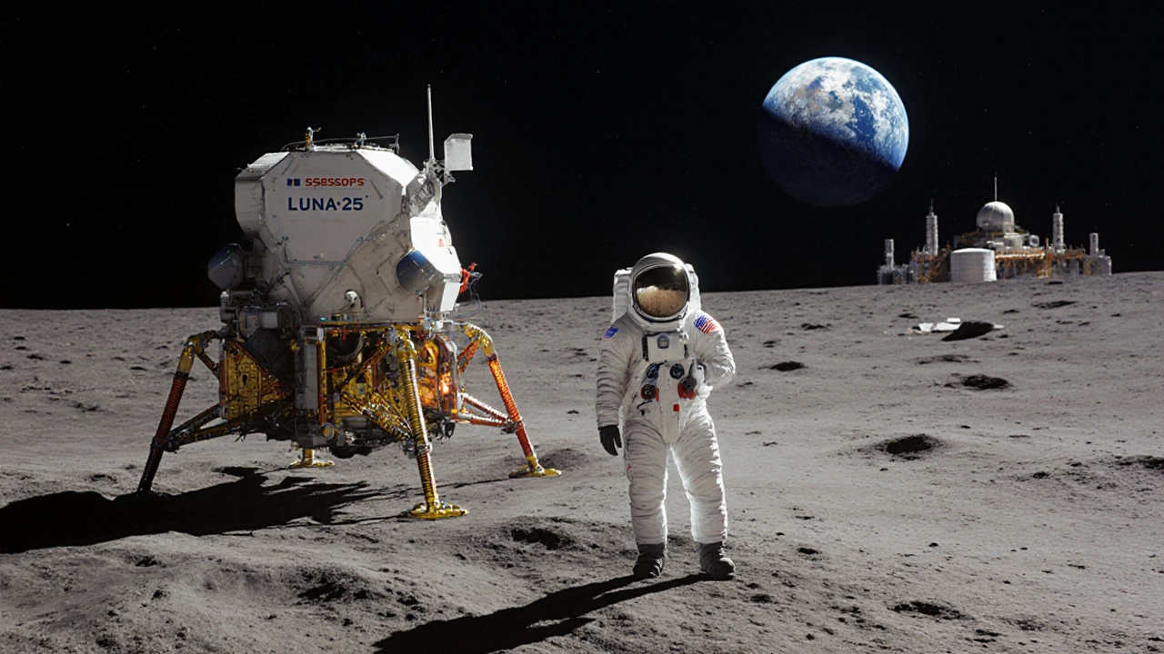 Modern Russian cosmonaut on the Moon beside a lunar lander.