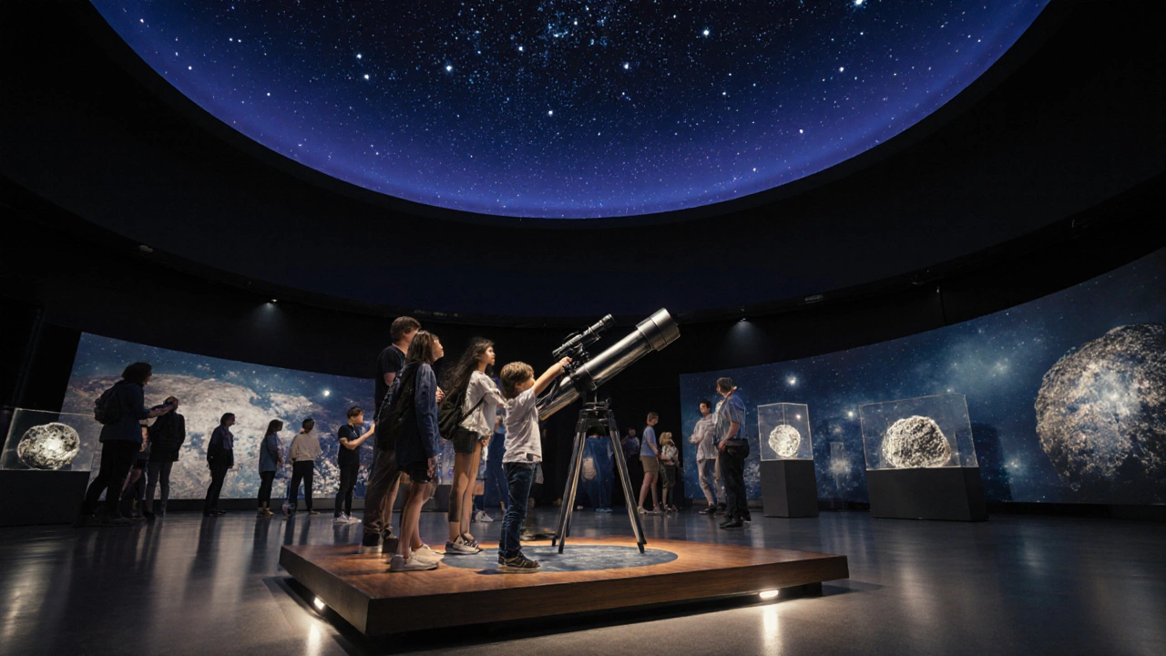 Night museum exhibit with families using a telescope under a star‑filled dome.