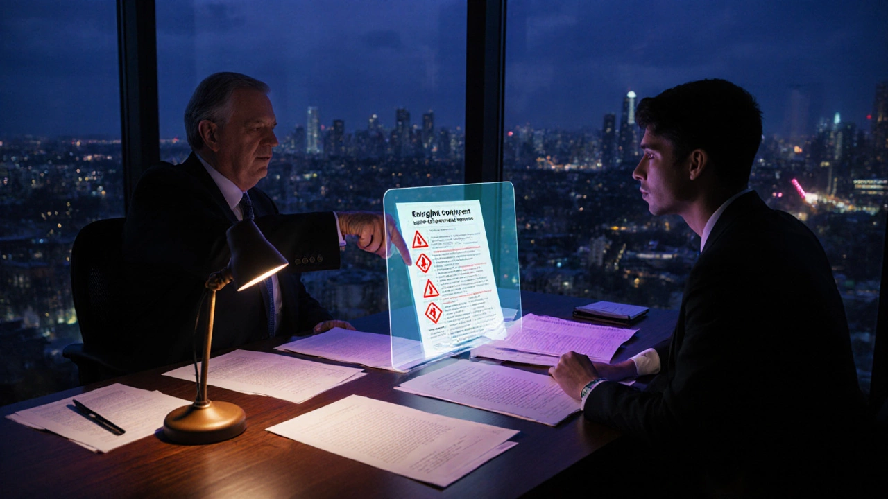 Nighttime TTO office with contracts, holographic export‑control list, and concerned inventor.