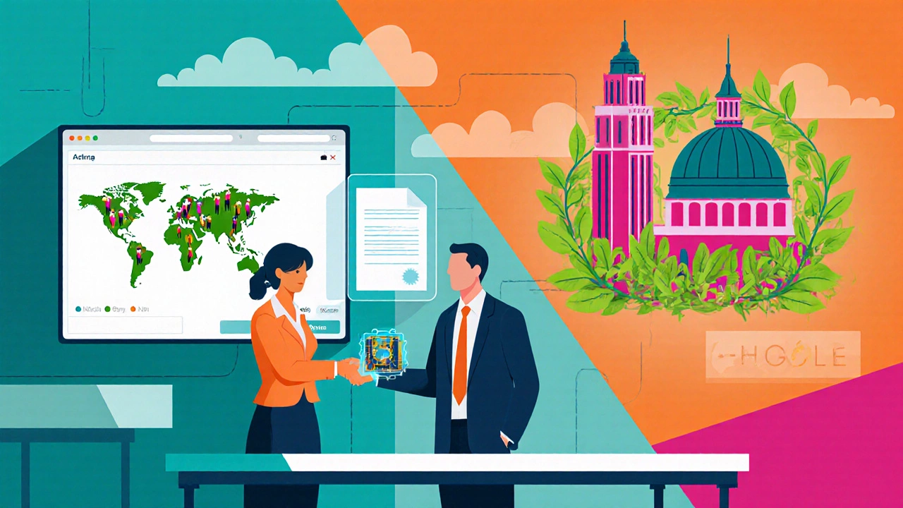 Open‑source lab with crowdsourcing screen, TTO handoff, and Triple Helix model.