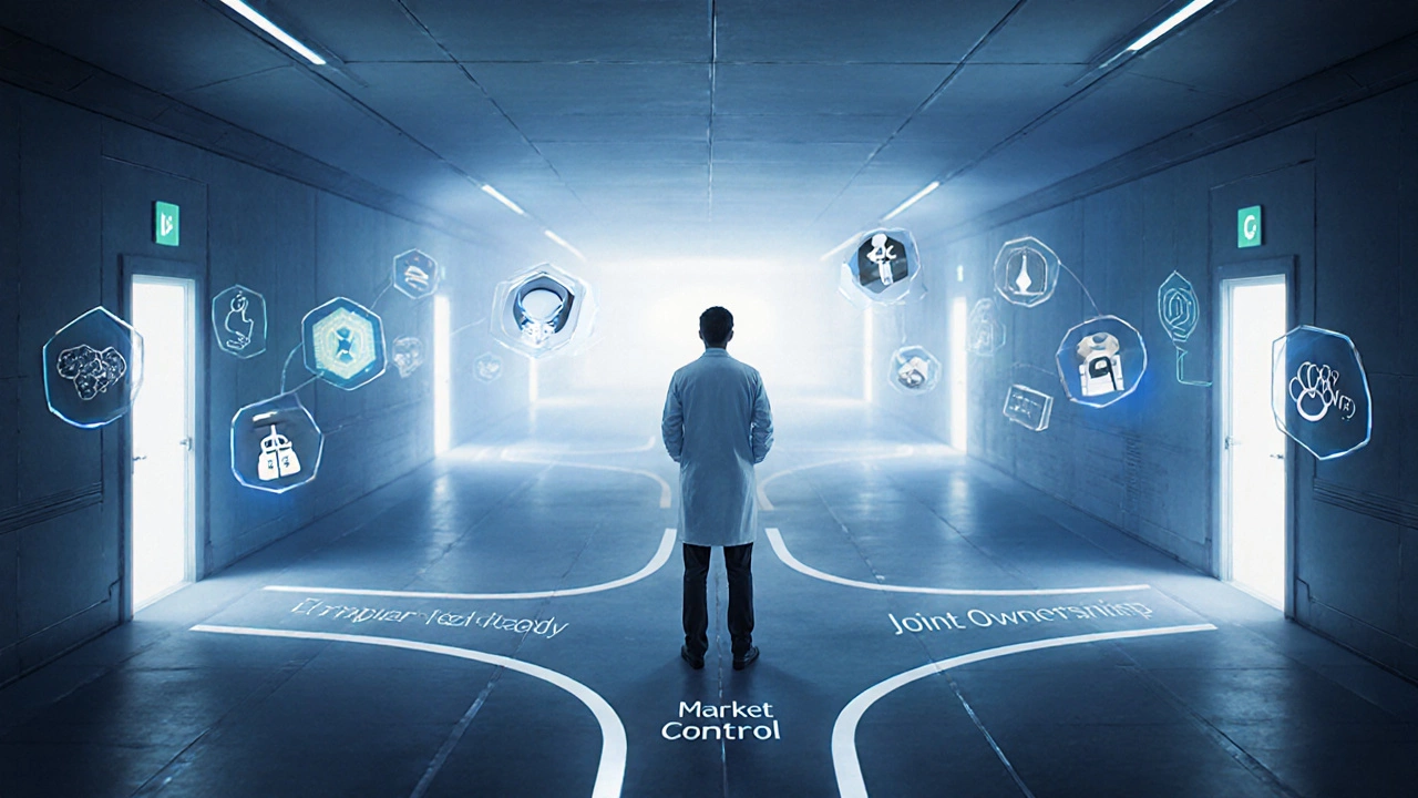 Researcher at a futuristic crossroads choosing paths symbolizing different tech‑transfer options.