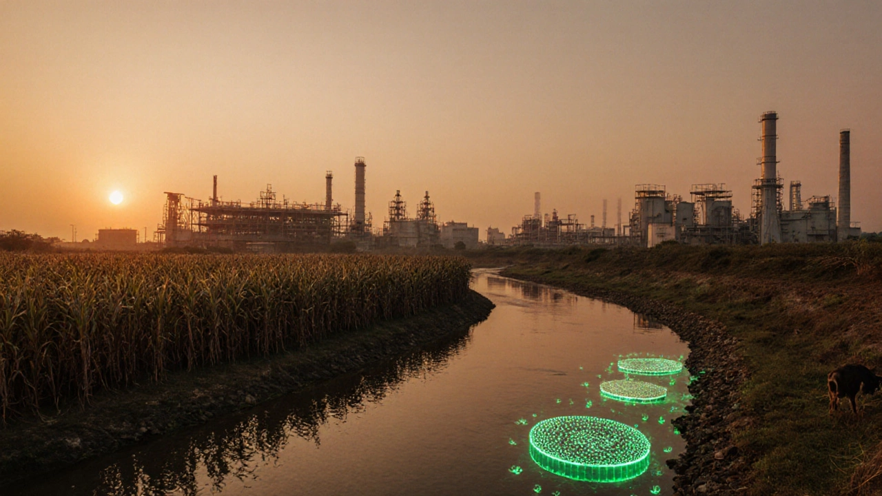 Rural biogas plant and microbial biotech system converting waste into clean energy and bioplastics.