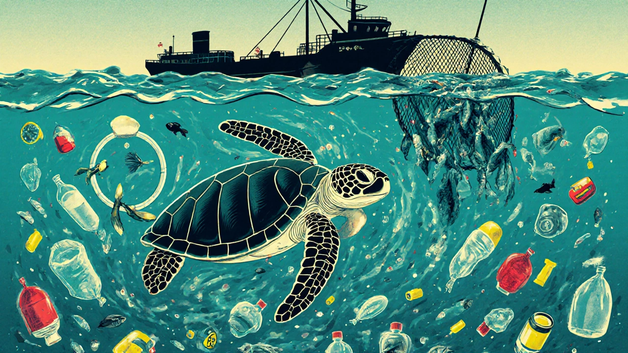 Sea turtle tangled in plastic rings amid floating debris and a fishing boat overhead.