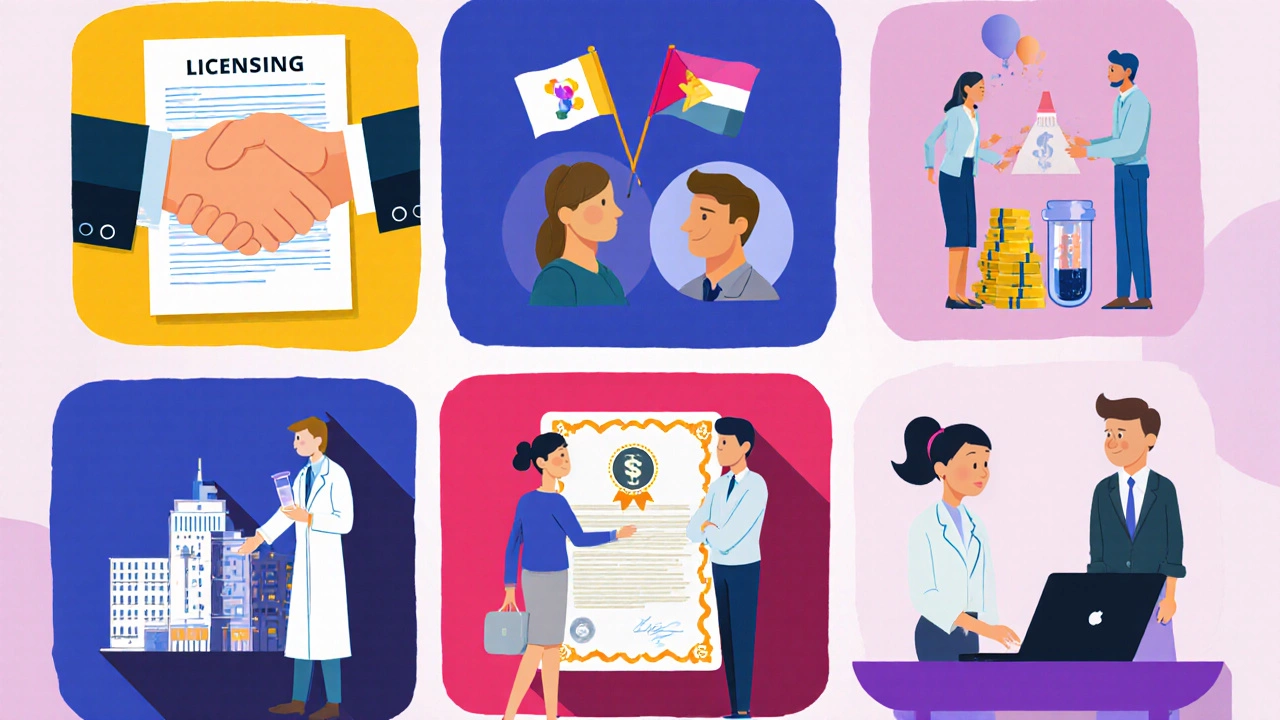 Seven vignettes illustrate licensing, spin‑off, joint venture, material transfer, collaboration, patent assignment, and consulting.