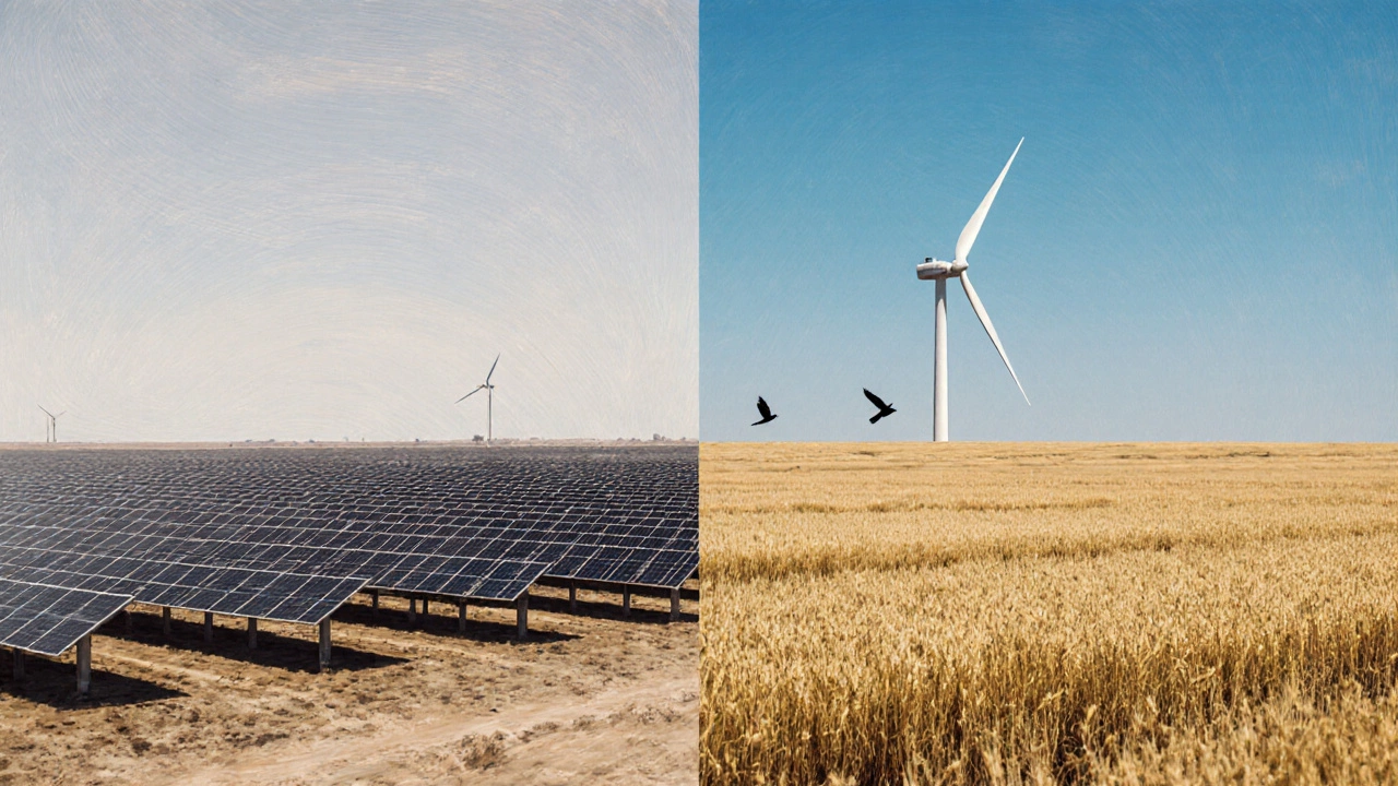 Side-by-side view of a solar farm covering land opposite cultivated wheat fields.