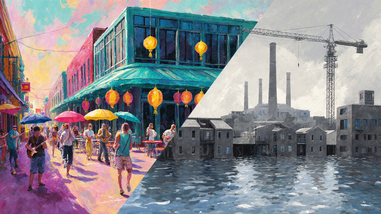 Split scene of lively tourism and tech on one side, flood‑prone housing and pumps on the other.