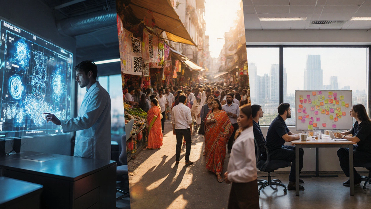 Split view of a tech lab, an Indian market with QR codes, and an agile office with teams collaborating.