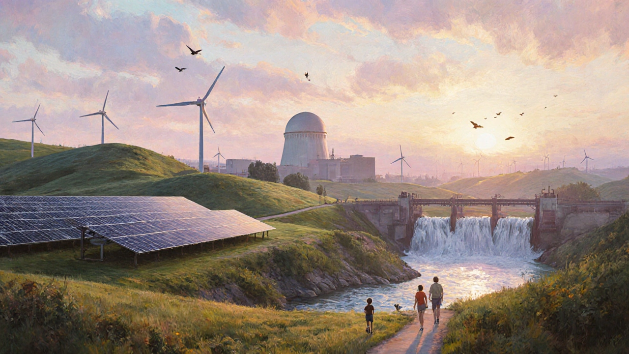 Sunrise over solar farms, wind turbines, hydro stream and a safe nuclear site, with people strolling.