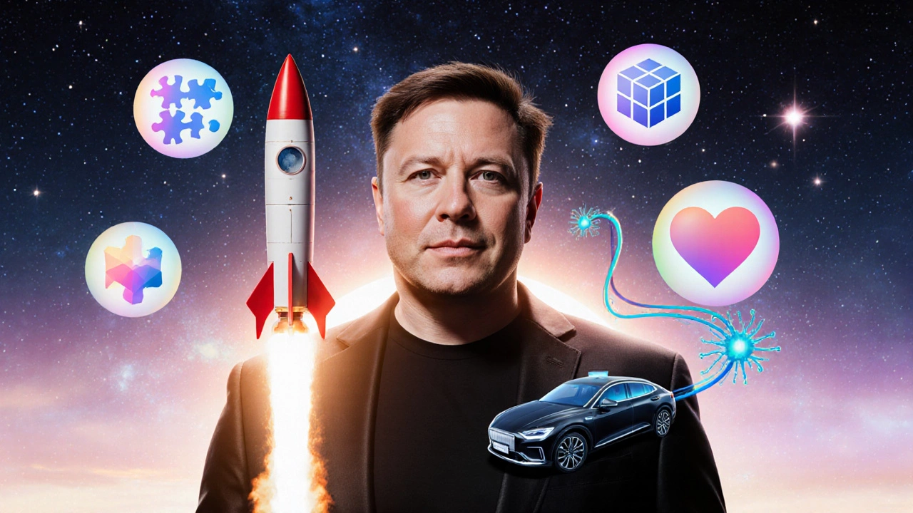Surreal scene of Elon Musk surrounded by rockets, car, neural link, and intelligence icons.