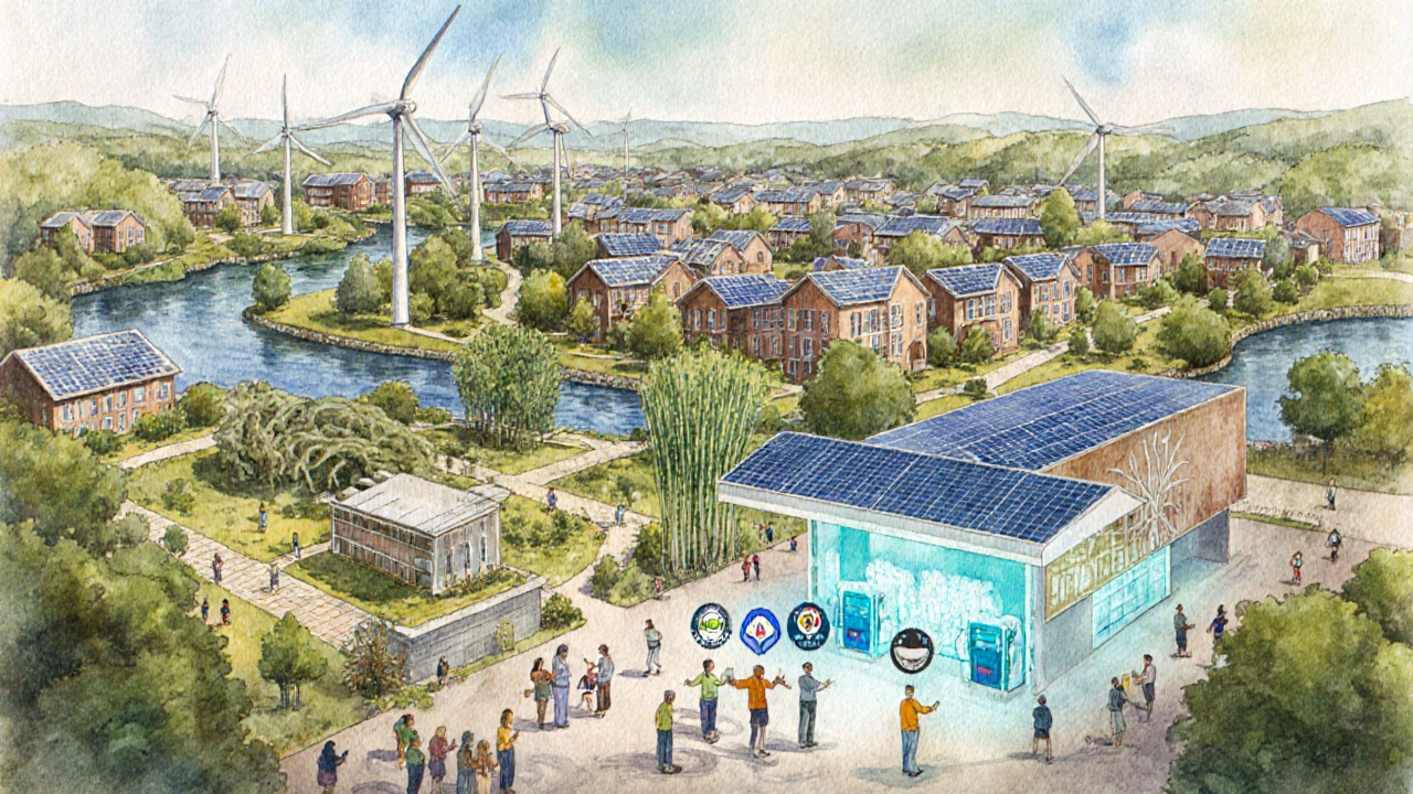 Sustainable town with solar roofs, wind turbines, bamboo paths, hydro river, and hydrogen refueling station.