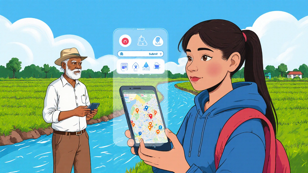 Teenage girl and older man using a citizen‑science app to log water‑quality data outdoors.