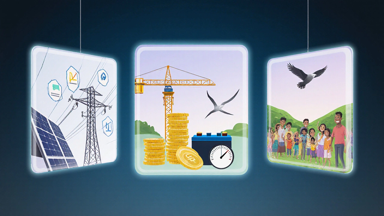 Three floating panels showing technical, economic, and community aspects of renewables.