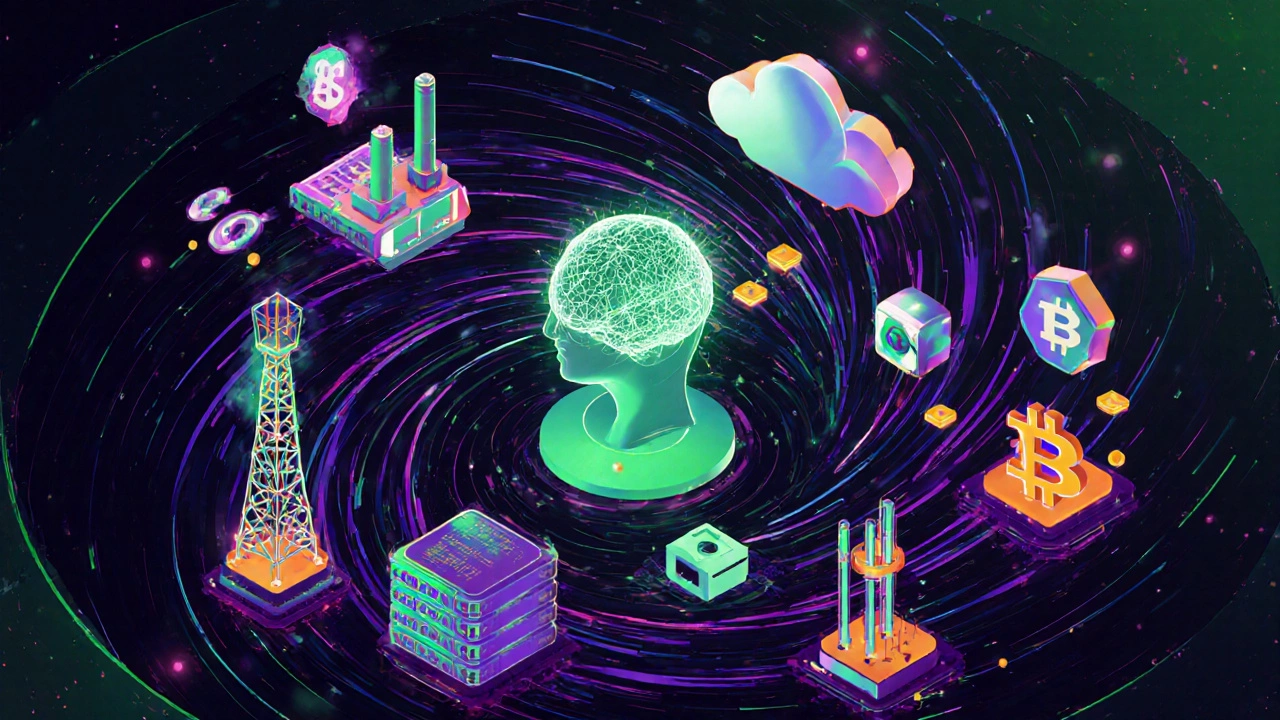 Vibrant illustration of AI core surrounded by cloud, IoT, 5G, big data, edge, and blockchain icons.