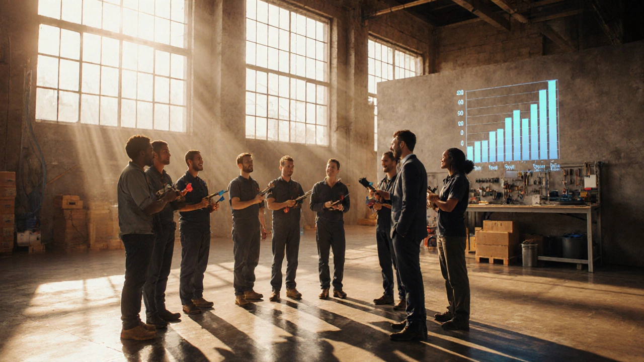 Warehouse team gathers in a safety circle near a performance dashboard.