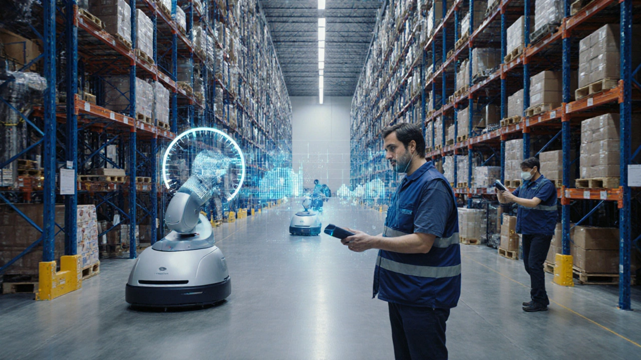 Workers with scanners pick items in a bright Amazon fulfillment center.