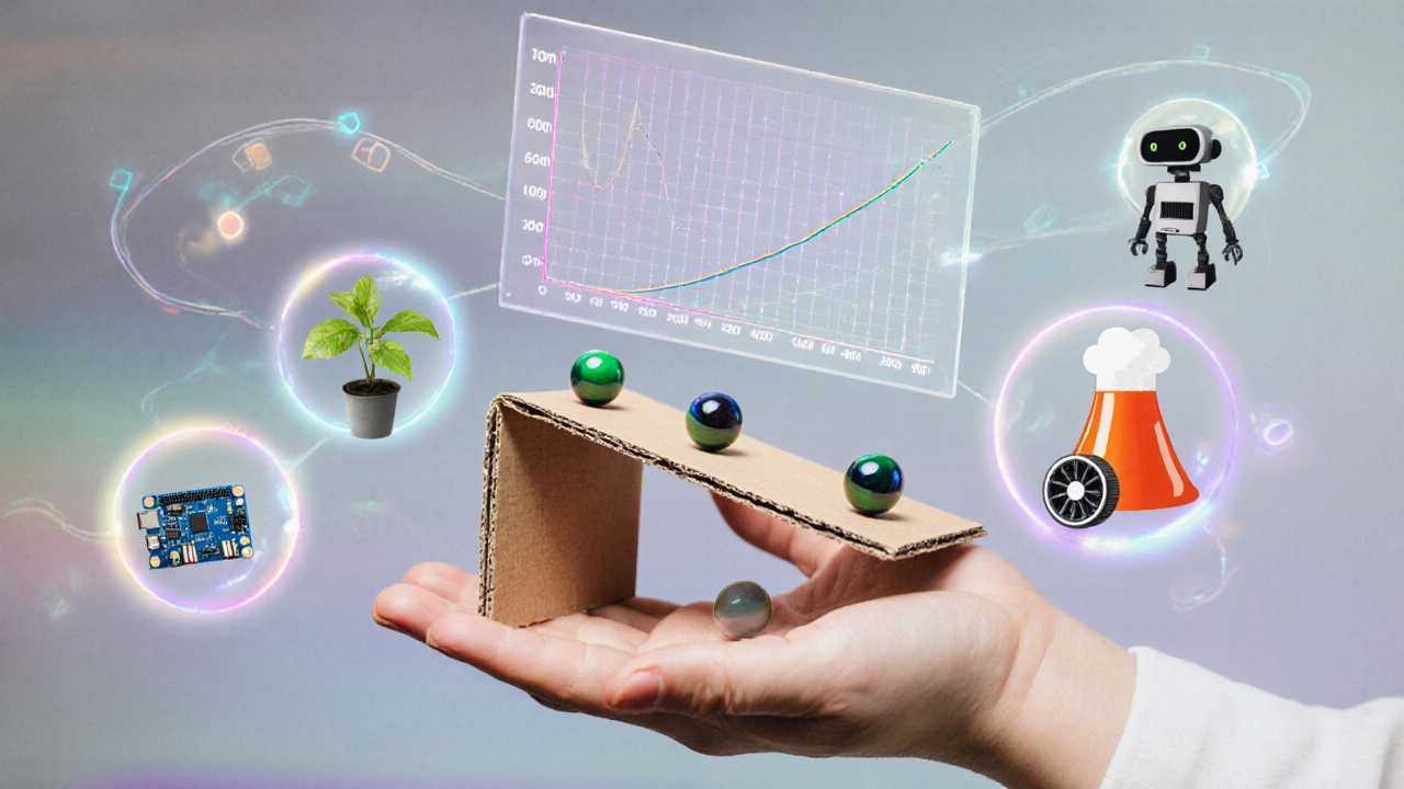 A child&#039;s experiment with a cardboard ramp and marbles, showing graphs of speed and height relationships.