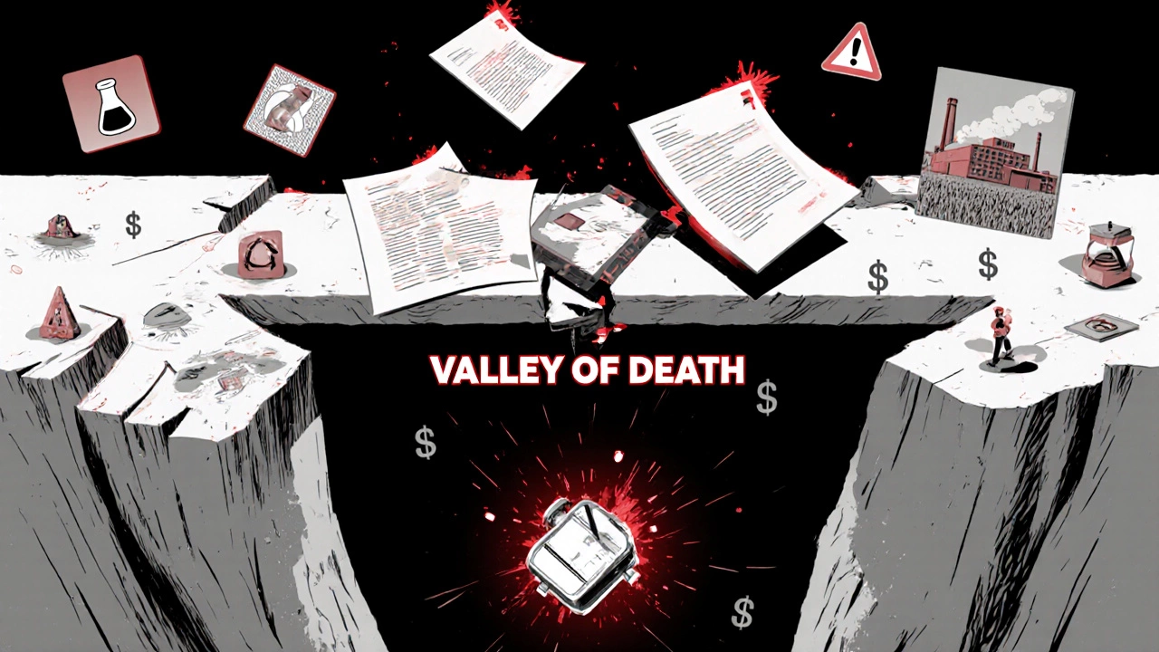 A fragile bridge of patents and money collapses into a dark chasm, with a prototype falling toward failure.