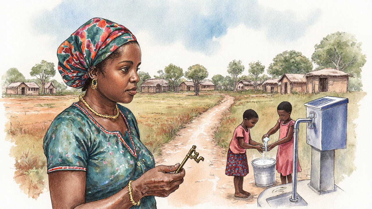 A Kenyan woman holding a key to her new home latrine, surrounded by clean pathways and handwashing stations in a transformed village.