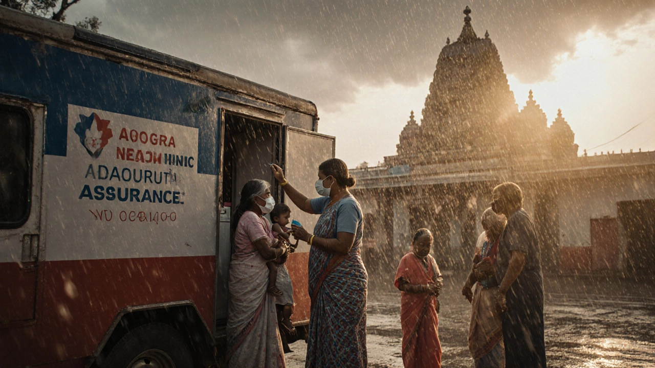 A mobile health clinic serving villagers in rural India, with workers administering vaccines and checking glucose levels.