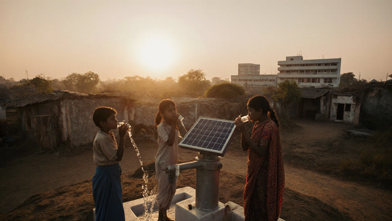 A rural Indian village with a clean water pump in use, connected visually to a distant research lab.