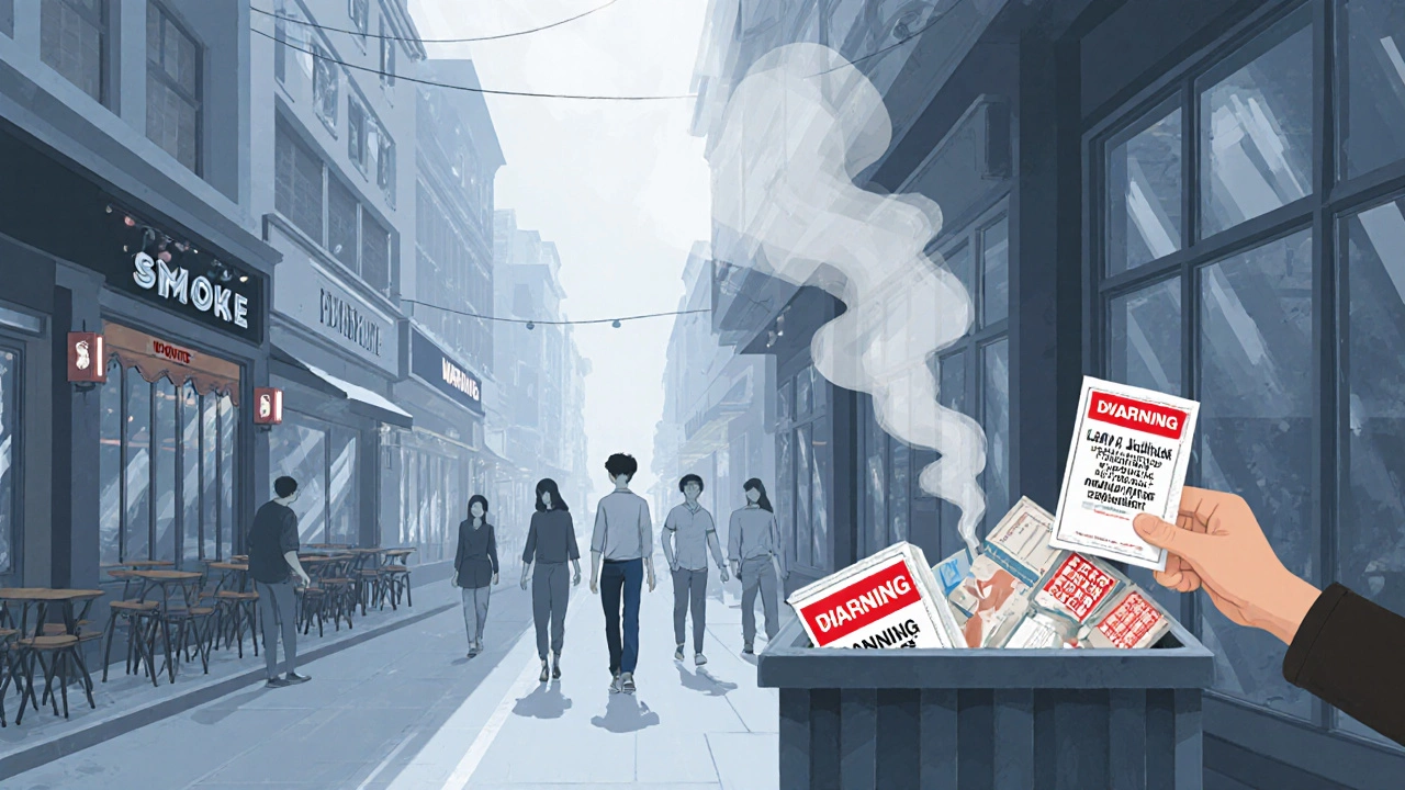 A smoke-free street in India with no smokers visible, graphic health warnings visible in trash, and a teen holding an anti-tobacco pamphlet.