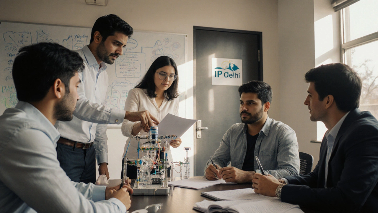 A team in a university conference room discussing technology licensing with a prototype and contract on the table.