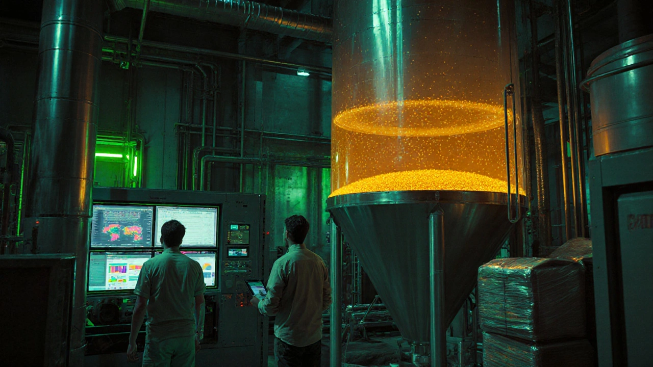 Algae fermentation tank in Hyderabad converting factory smoke into bioplastic pellets under digital monitors.