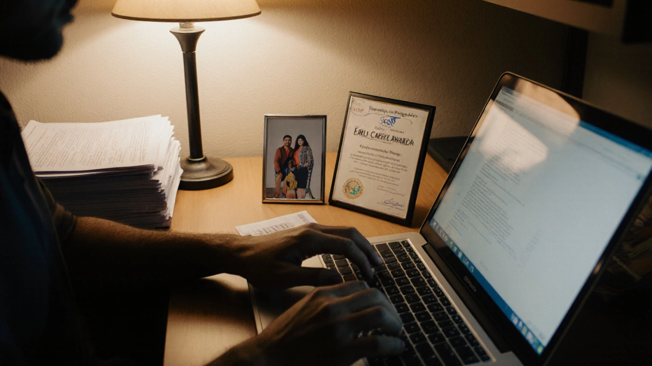 An Indian researcher working late with grant proposals and an award certificate.