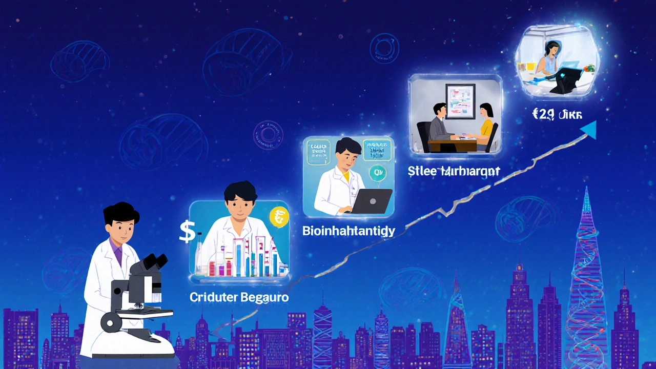 Career progression visual showing salary growth from entry-level to senior roles in Indian biotechnology.