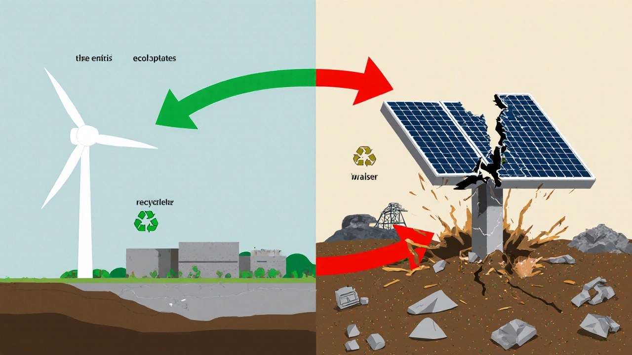 Comparison of wind energy&#039;s clean lifecycle versus solar panel waste and mining damage.