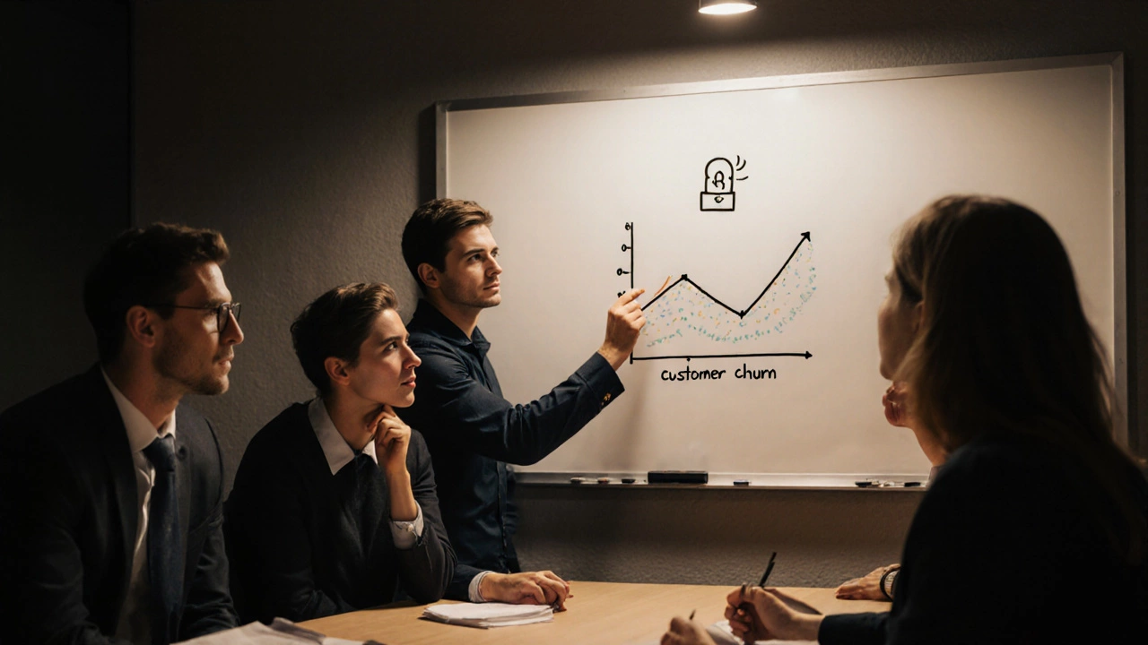 Data scientist explains customer churn with a smoke alarm analogy on a whiteboard.