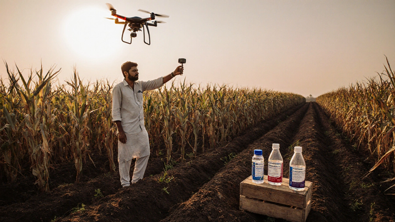 Farmer in Maharashtra standing beside drought-resistant maize crops with a biotech soil analyzer nearby.