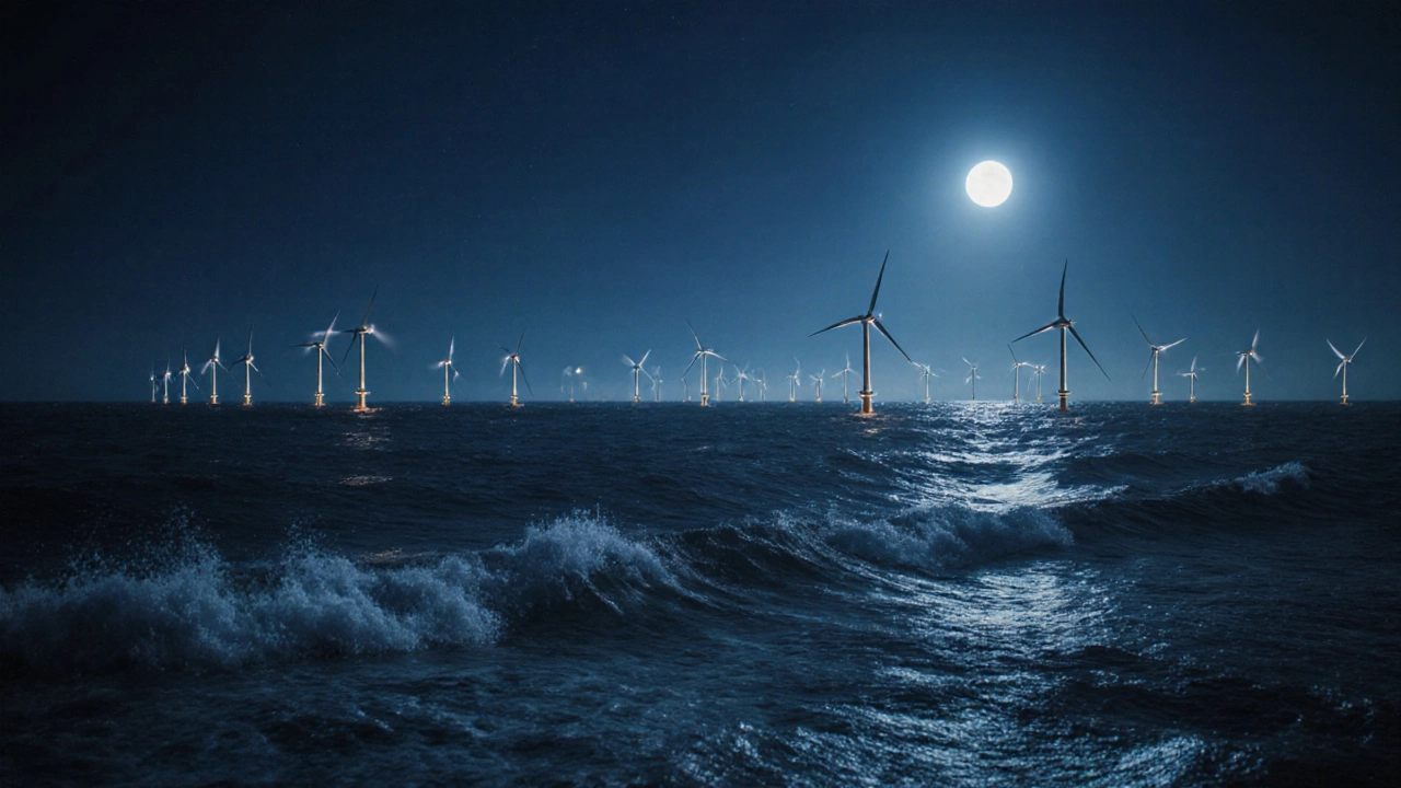 Offshore wind farm at night under moonlight, calm sea, no visible pollution.